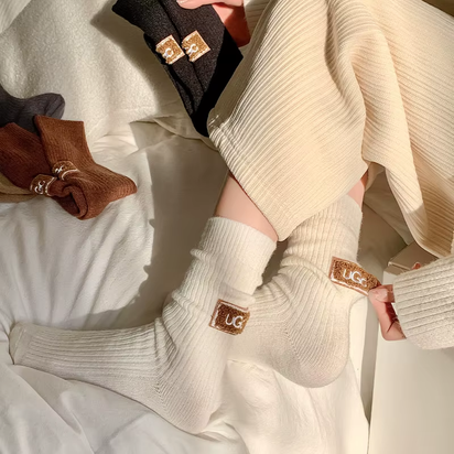 1-10Pairs Winter Thick Warm Padded Socks Solid Color Mid Calf Socks Women’S Casual Embroidered Logo Pile Socks Cold Weather Wear