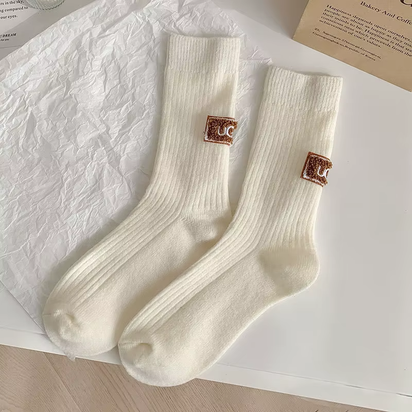 1-10Pairs Winter Thick Warm Padded Socks Solid Color Mid Calf Socks Women’S Casual Embroidered Logo Pile Socks Cold Weather Wear