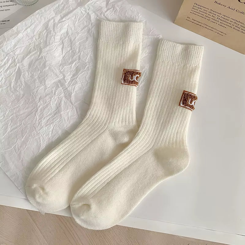 1-10Pairs Winter Thick Warm Padded Socks Solid Color Mid Calf Socks Women’S Casual Embroidered Logo Pile Socks Cold Weather Wear